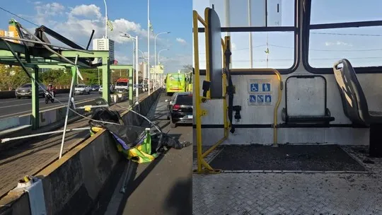 Estrutura com bandeira do Piauí cai sobre ônibus e deixa quatro feridos em Teresina